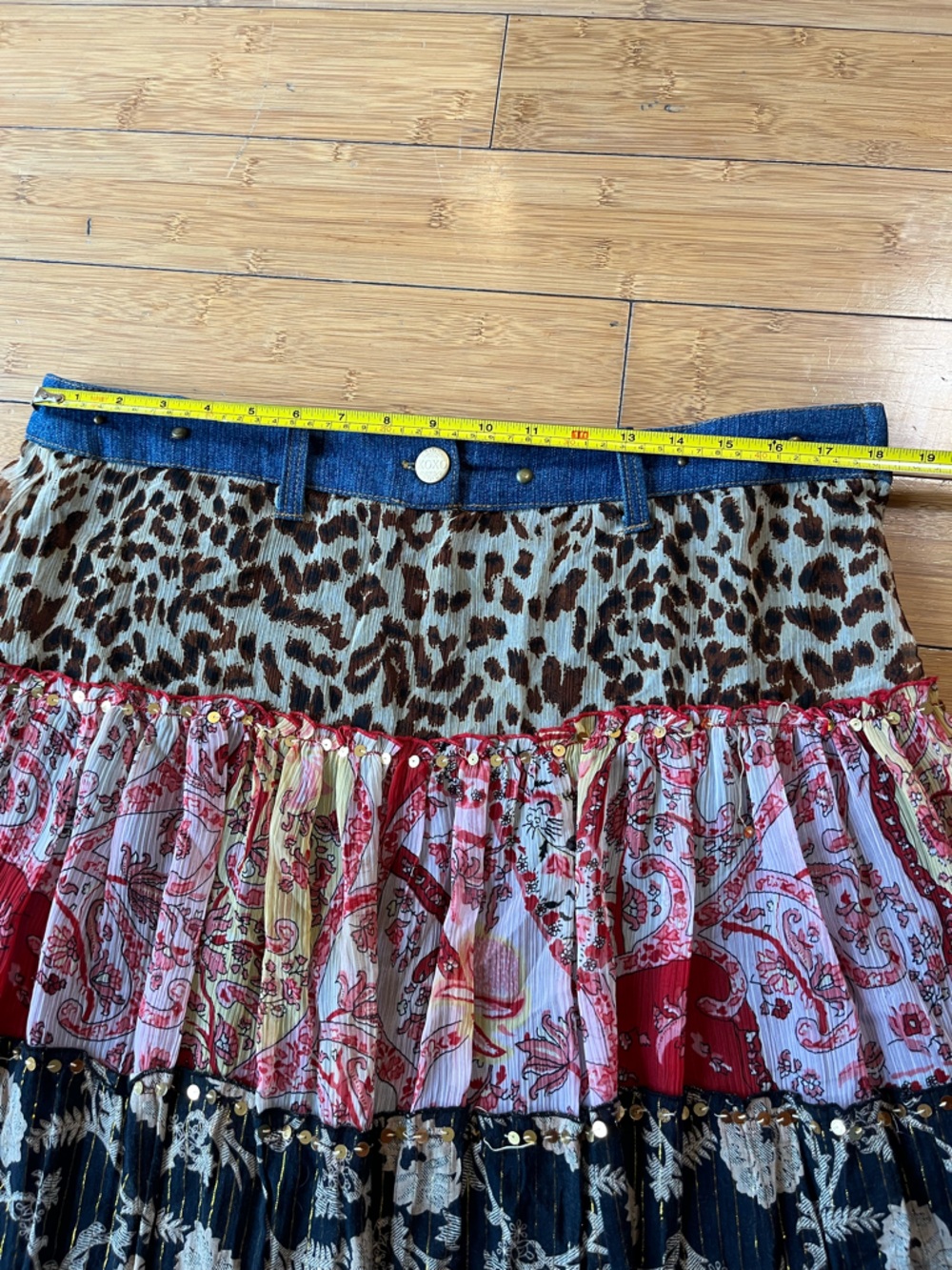 XOXO Y2K Tiered Mixed Media Floral Patchwork Low Rise Artsy Skirt with Sequins - Picture 5 of 12